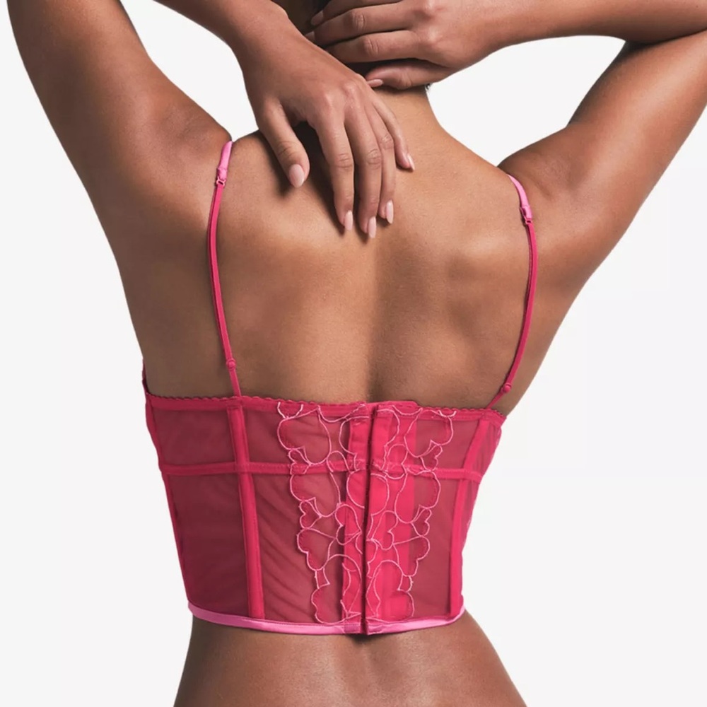 Pink Heart-Embroidered Sheer Longline Bralette - Picture 3 of 8